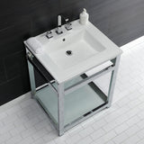 Quadras 25-Inch Ceramic Console Sink with Steel Base and Glass Shelf (8-Inch, 3-Hole)