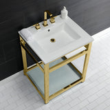 Quadras 25-Inch Ceramic Console Sink with Steel Base and Glass Shelf (8-Inch, 3-Hole)