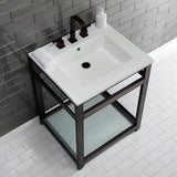 Quadras 25-Inch Ceramic Console Sink with Steel Base and Glass Shelf (8-Inch, 3-Hole)
