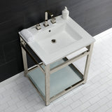 Quadras 25-Inch Ceramic Console Sink with Steel Base and Glass Shelf (8-Inch, 3-Hole)