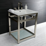 Quadras 25-Inch Ceramic Console Sink with Steel Base and Glass Shelf (8-Inch, 3-Hole)