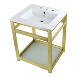 Quadras 25-Inch Ceramic Console Sink with Steel Base and Glass Shelf (8-Inch, 3-Hole)