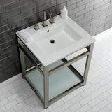Quadras 25-Inch Ceramic Console Sink with Steel Base and Glass Shelf (8-Inch, 3-Hole)