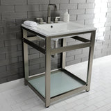 Quadras 25-Inch Ceramic Console Sink with Steel Base and Glass Shelf (8-Inch, 3-Hole)