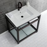 Quadras 31-Inch Ceramic Console Sink with Steel Base and Glass Shelf (1-Hole)