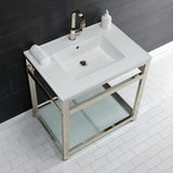Quadras 31-Inch Ceramic Console Sink with Steel Base and Glass Shelf (1-Hole)