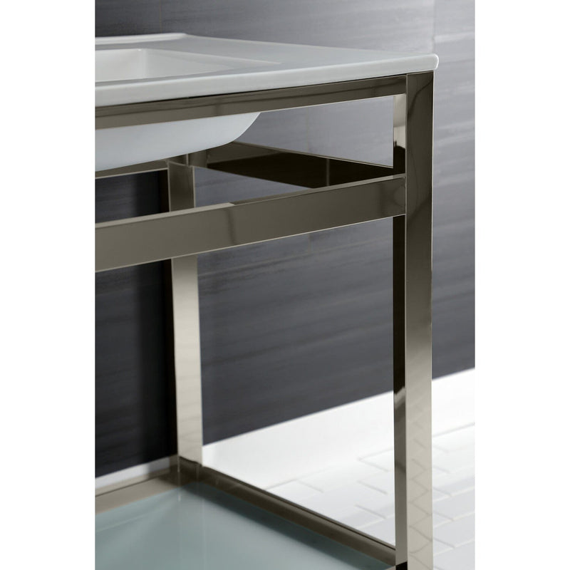 Quadras 31-Inch Ceramic Console Sink with Steel Base and Glass Shelf (1-Hole)