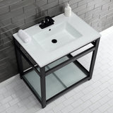 Quadras 31-Inch Ceramic Console Sink with Steel Base and Glass Shelf (4-Inch, 3-Hole)