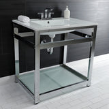 Quadras 31-Inch Ceramic Console Sink with Steel Base and Glass Shelf (4-Inch, 3-Hole)