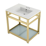 Quadras 31-Inch Ceramic Console Sink with Steel Base and Glass Shelf (4-Inch, 3-Hole)