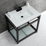 Quadras 31-Inch Ceramic Console Sink with Steel Base and Glass Shelf (4-Inch, 3-Hole)