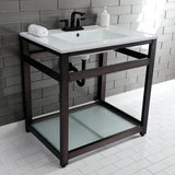 Quadras 31-Inch Ceramic Console Sink with Steel Base and Glass Shelf (4-Inch, 3-Hole)