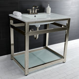 Quadras 31-Inch Ceramic Console Sink with Steel Base and Glass Shelf (4-Inch, 3-Hole)