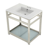 Quadras 31-Inch Ceramic Console Sink with Steel Base and Glass Shelf (4-Inch, 3-Hole)