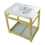 Quadras 31-Inch Ceramic Console Sink with Steel Base and Glass Shelf (4-Inch, 3-Hole)