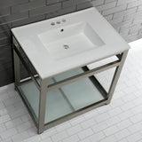 Quadras 31-Inch Ceramic Console Sink with Steel Base and Glass Shelf (4-Inch, 3-Hole)