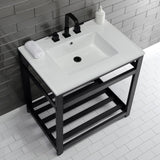 Quadras 31-Inch Ceramic Console Sink with Steel Base and Shelf (8-Inch, 3-Hole)