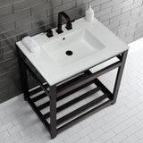 Quadras 31-Inch Ceramic Console Sink with Steel Base and Shelf (8-Inch, 3-Hole)