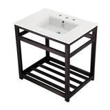 Quadras 31-Inch Ceramic Console Sink with Steel Base and Shelf (8-Inch, 3-Hole)