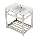 Quadras 31-Inch Ceramic Console Sink with Steel Base and Shelf (8-Inch, 3-Hole)