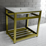 Quadras 31-Inch Ceramic Console Sink with Steel Base and Shelf (8-Inch, 3-Hole)