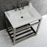 Quadras 31-Inch Ceramic Console Sink with Steel Base and Shelf (8-Inch, 3-Hole)