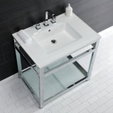 Quadras 31-Inch Ceramic Console Sink with Steel Base and Glass Shelf (8-Inch, 3-Hole)