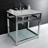 Quadras 31-Inch Ceramic Console Sink with Steel Base and Glass Shelf (8-Inch, 3-Hole)