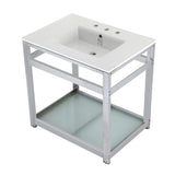 Quadras 31-Inch Ceramic Console Sink with Steel Base and Glass Shelf (8-Inch, 3-Hole)