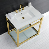 Quadras 31-Inch Ceramic Console Sink with Steel Base and Glass Shelf (8-Inch, 3-Hole)