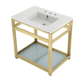 Quadras 31-Inch Ceramic Console Sink with Steel Base and Glass Shelf (8-Inch, 3-Hole)