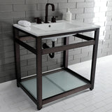 Quadras 31-Inch Ceramic Console Sink with Steel Base and Glass Shelf (8-Inch, 3-Hole)