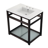 Quadras 31-Inch Ceramic Console Sink with Steel Base and Glass Shelf (8-Inch, 3-Hole)