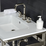 Quadras 31-Inch Ceramic Console Sink with Steel Base and Glass Shelf (8-Inch, 3-Hole)