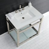 Quadras 31-Inch Ceramic Console Sink with Steel Base and Glass Shelf (8-Inch, 3-Hole)
