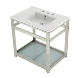 Quadras 31-Inch Ceramic Console Sink with Steel Base and Glass Shelf (8-Inch, 3-Hole)