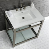 Quadras 31-Inch Ceramic Console Sink with Steel Base and Glass Shelf (8-Inch, 3-Hole)
