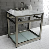 Quadras 31-Inch Ceramic Console Sink with Steel Base and Glass Shelf (8-Inch, 3-Hole)
