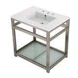 Quadras 31-Inch Ceramic Console Sink with Steel Base and Glass Shelf (8-Inch, 3-Hole)