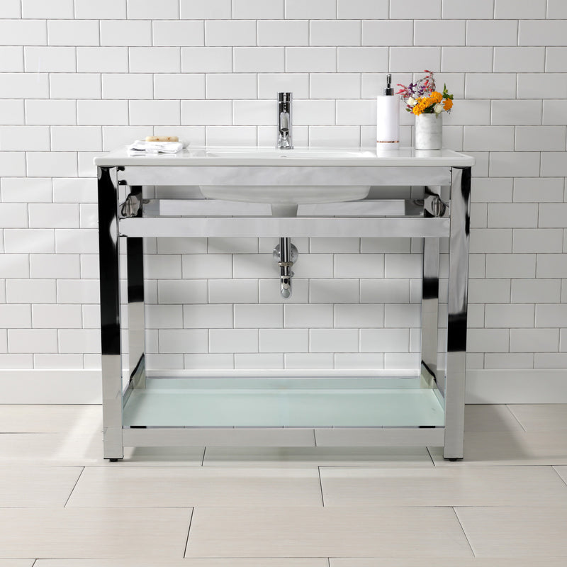 Quadras 37-Inch Ceramic Console Sink with Steel Base and Glass Shelf (1-Hole)