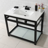 Quadras 37-Inch Ceramic Console Sink with Steel Base and Glass Shelf (4-Inch, 3-Hole)