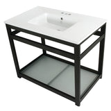 Quadras 37-Inch Ceramic Console Sink with Steel Base and Glass Shelf (4-Inch, 3-Hole)