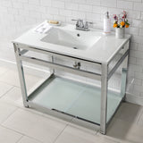 Quadras 37-Inch Ceramic Console Sink with Steel Base and Glass Shelf (4-Inch, 3-Hole)
