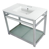 Quadras 37-Inch Ceramic Console Sink with Steel Base and Glass Shelf (4-Inch, 3-Hole)