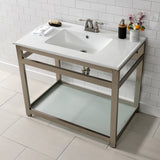 Quadras 37-Inch Ceramic Console Sink with Steel Base and Glass Shelf (4-Inch, 3-Hole)