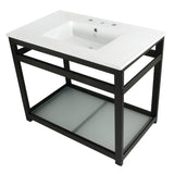 Quadras 37-Inch Ceramic Console Sink with Steel Base and Glass Shelf (8-Inch, 3-Hole)