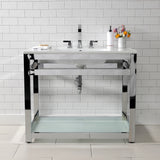 Quadras 37-Inch Ceramic Console Sink with Steel Base and Glass Shelf (8-Inch, 3-Hole)