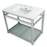 Quadras 37-Inch Ceramic Console Sink with Steel Base and Glass Shelf (8-Inch, 3-Hole)