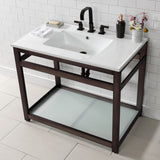 Quadras 37-Inch Ceramic Console Sink with Steel Base and Glass Shelf (8-Inch, 3-Hole)