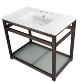 Quadras 37-Inch Ceramic Console Sink with Steel Base and Glass Shelf (8-Inch, 3-Hole)